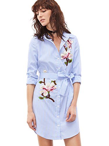 Floerns Women's Vertical Striped Embroidered Floral Shirt Dress Blue and White S | Amazon (US)