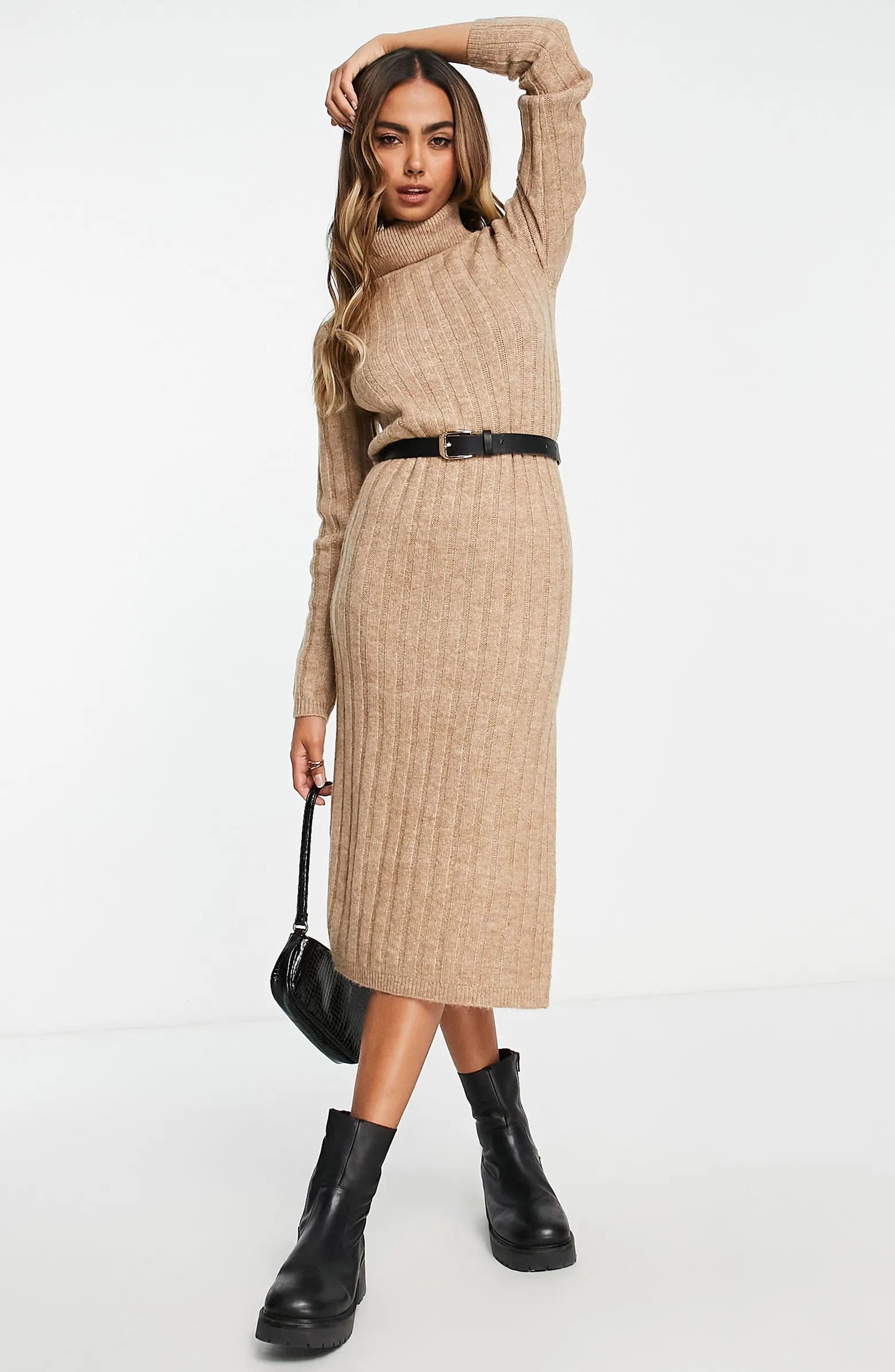 ASOS DESIGN Belted Long Sleeve Turtleneck Midi Sweater Dress | Nordstrom | Nordstrom