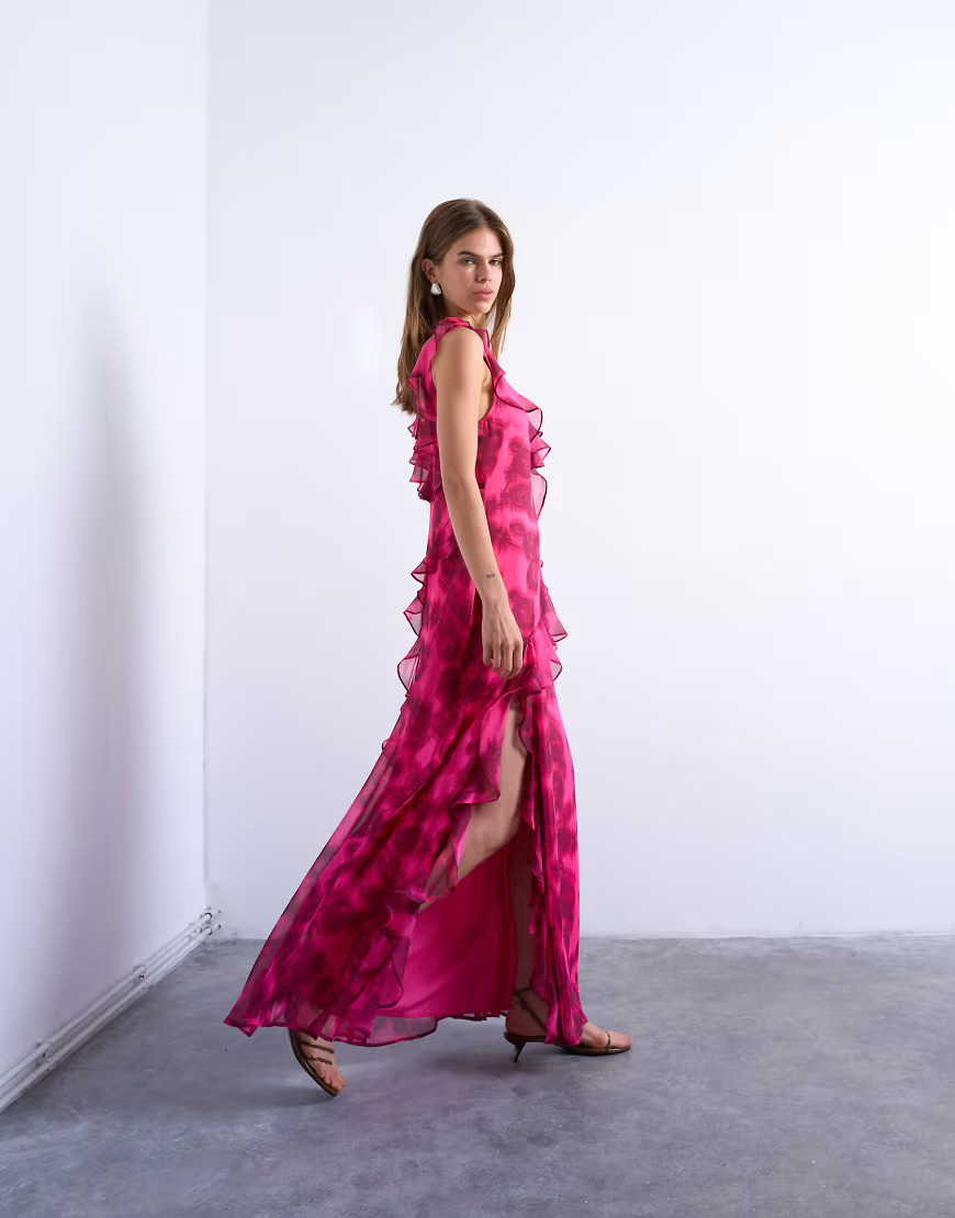 Topshop grown on ruffle sleeve occasion maxi dress in blurred pink floral | Topshop
