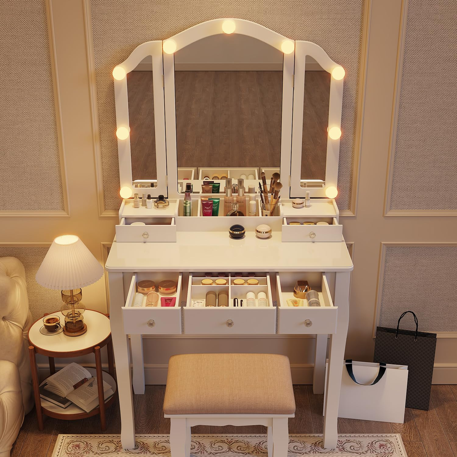 OMOMMD Makeup Vanity With Lights Desk Mirror Drawers Table Lighted Chair one_size in White | 5749848662265 | Lowe's