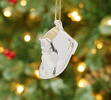 Engravable Silver-Plated Baby's First Christmas Boot Ornament | Pottery Barn (US)