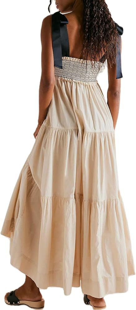 Women Summer Dresses Flowy Smocked Maxi Dress Sleeveless Tie Shoulder Boho Dresses Y2K Floral Bea... | Amazon (US)