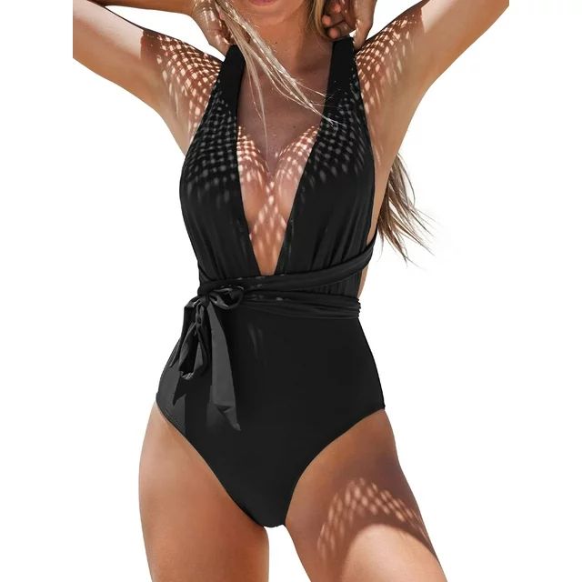 Cupshe Women's Black Vacation One Piece Swimsuit Deep V Neck Self Tied Belt Bathing Suit, S | Walmart (US)