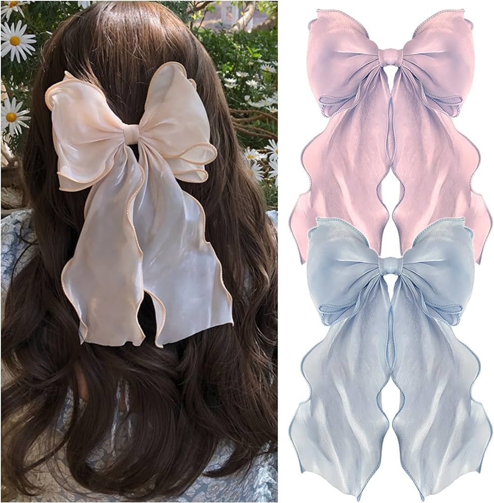 Big Hair Bows for Women Girls 2Pcs Cute Hair Clips Barrette Blue Apricot Velvet Ribbon for Hair B... | Amazon (US)