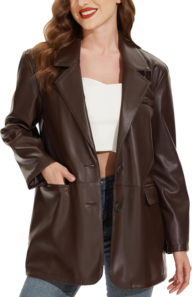 Fahsyee Women's Faux Leather Blazer Jackets, Motorcycle Oversized Moto Biker Coat Vegan Pleather ... | Amazon (US)