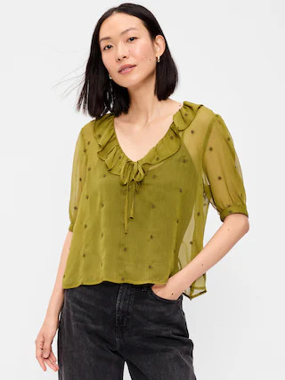 Sheer Ruffle Collar Tie-Front Chiffon Top | Old Navy (US)