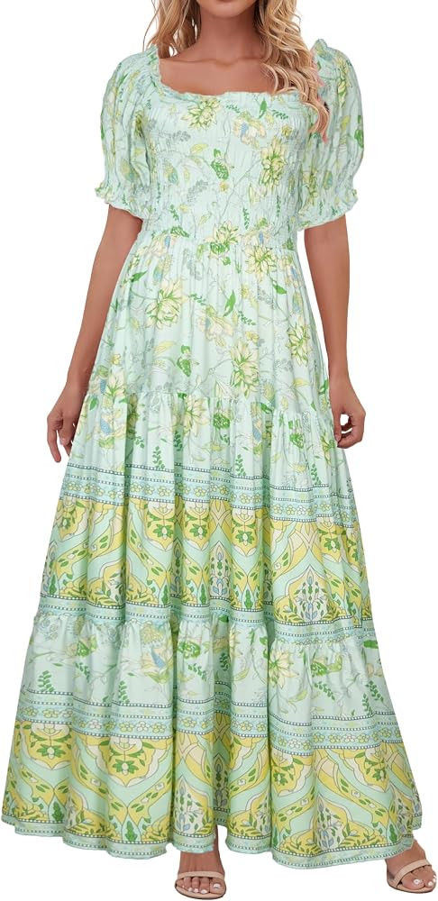 Womens Boho Flowy Maxi Dress Square Neck Puff Sleeve Smocked Bust | Amazon (US)