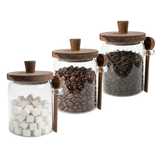 Piscepio Set of 3 Glass Jars Containers with Wooden Lids and Scoop Clear Canister Jars Set with Spoon for Kitchen Food Storage Coffee Tea Sugar Decorative Countertop Organization Jars 31 oz (3) | Amazon (US)