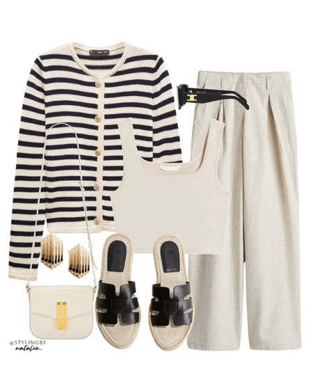 Stripe cardigan with gold buttons, stripe wide leg trousers, vest top, espadrille sandals, Demellier cross body bag, gold earrings & Celine sunglasses.
Spring outfit, work outfit, office outfit, smart casual look. 

#LTKworkwear #LTKSeasonal #LTKstyletip