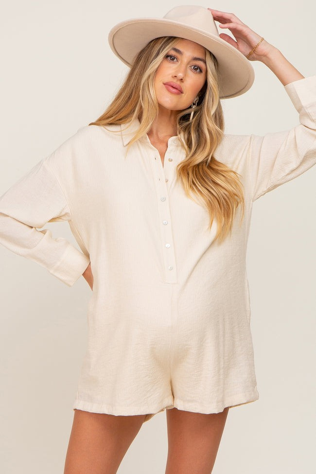 Ivory Collared Button Front Maternity Romper | PinkBlush Maternity