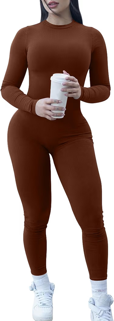 VASAUGE Women's Sexy One Piece Long Sleeve Jumpsuits Ribbed Crew Neck Club Rompers | Amazon (US)