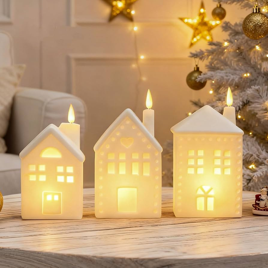 WDS WONDROUS Ceramic Christmas Village Set Whte Light Up, Set of 3 Christams House Flameless Cand... | Amazon (US)