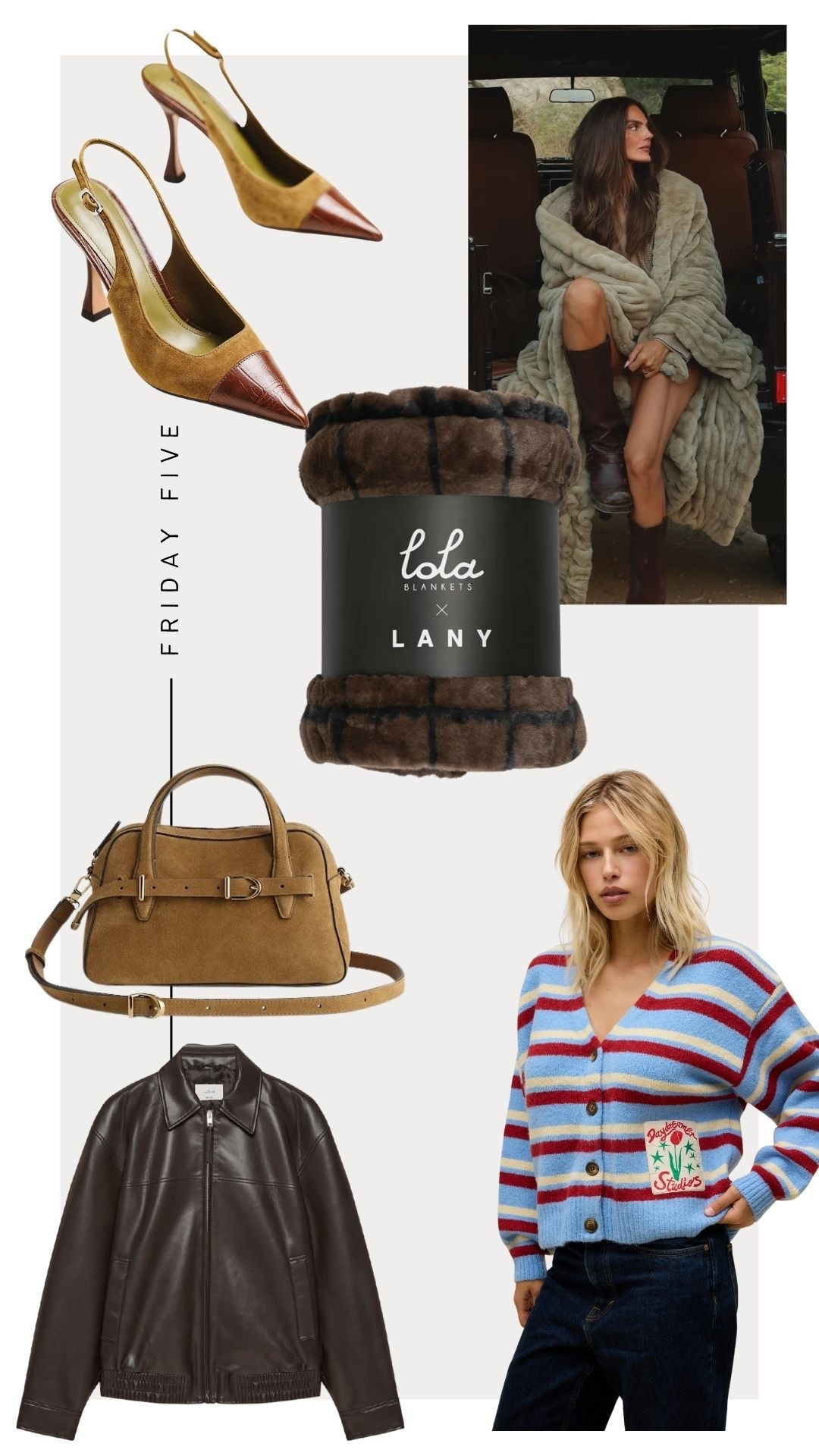 Friday Five: Part 1 
10-3-25

1. Lola Slingback Heels
2. Lola Blankets - Code: KristinDavis 
3. Madewell Suede Bsg 
4. Aritzia Brown Leather Jacket 
5. Daydreamer LA striped cardigan 

#LTKItBag #LTKShoeCrush #LTKStyleTip