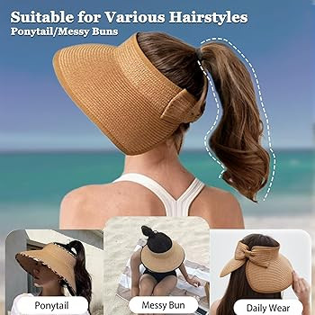 Women's Sun Visor Hats Wide Brim Straw Beach Hat Ponytail Hats for Women Foldable Floppy | Amazon (US)