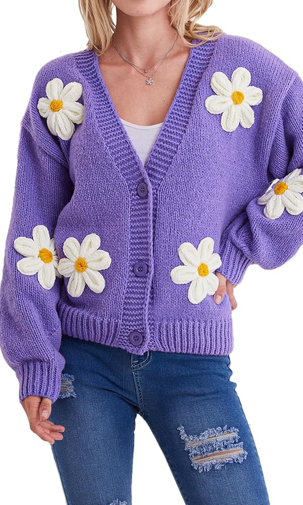 Y2k Sweater Cardigan for Women, Long Sleeve V-Neck Button Crochet Flower Knit Womens Clothes. | Amazon (US)