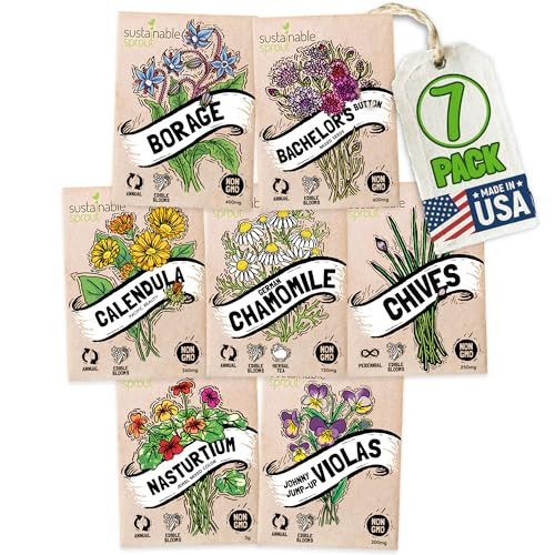 Edible Flower Seeds for Planting: 7 Variety Packets: Viola, Calendula, Chamomile, Chives, Bachelor Button, Borage & Nasturtium, Annual & Perennial Edible Flower Seeds Garden Kit by Sustainable Sprout | Amazon (US)