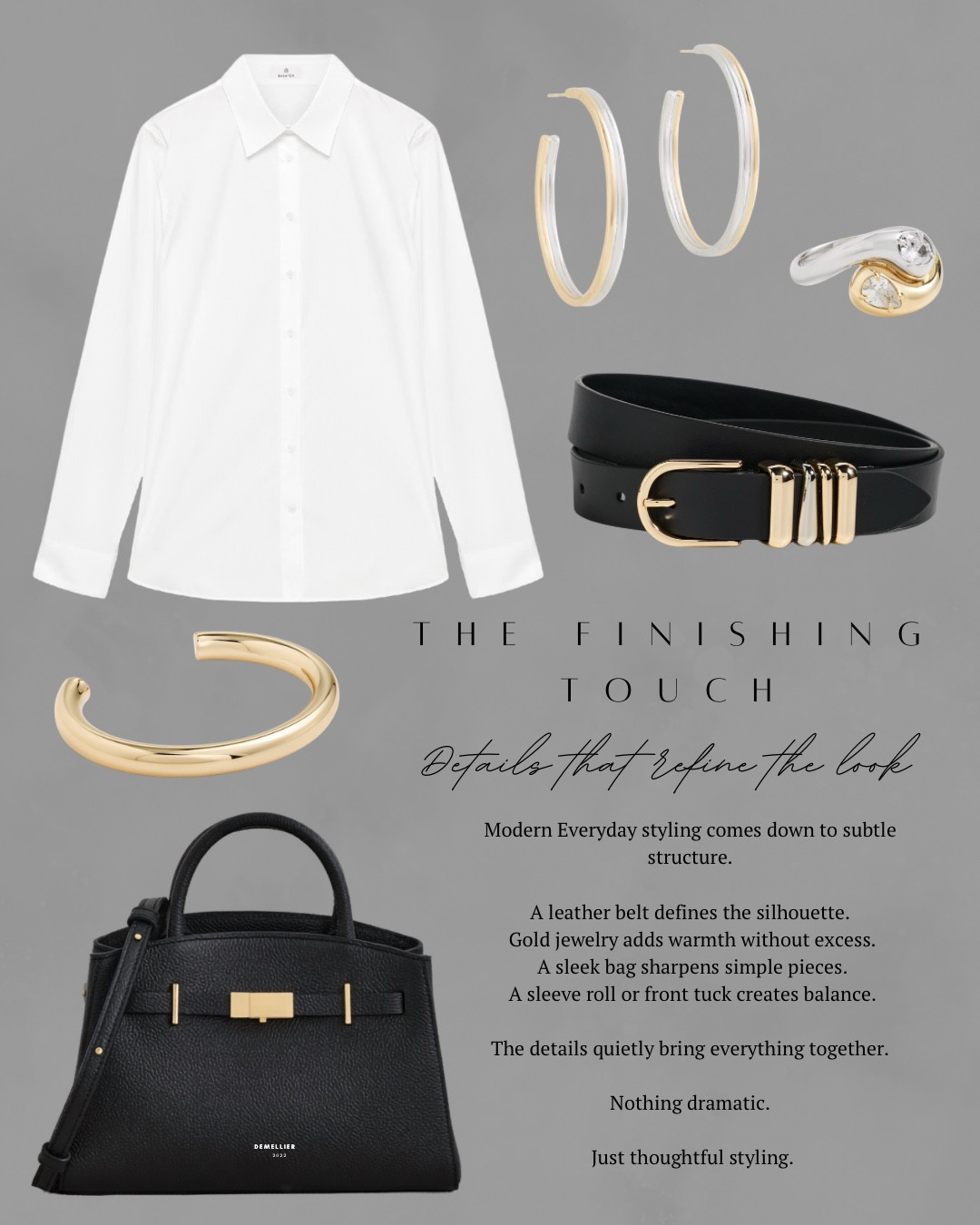 This week it’s all about modern everyday outfits that feel current but never overdone. Timeless silhouettes, modern details, and easy combinations designed to support real life. Simple pieces, styled intentionally. I have some amazing accessories that will help complete any outfit in a chic way! I have this top handle handbag, belt, cuff bracelet, earrings and two tone ring. Then I have some light blue button down shirts that are so effortless and will go with so many outfits this spring! They are at different price points for all budgets. All items linked ⬆️

#ltkcreator #ltkfinds #ltkwatchnow #ltkstyletip #accessories #belt #tophandlebag #bluebuttondown 


#LTKootd #LTKSeasonal #LTKgrwm