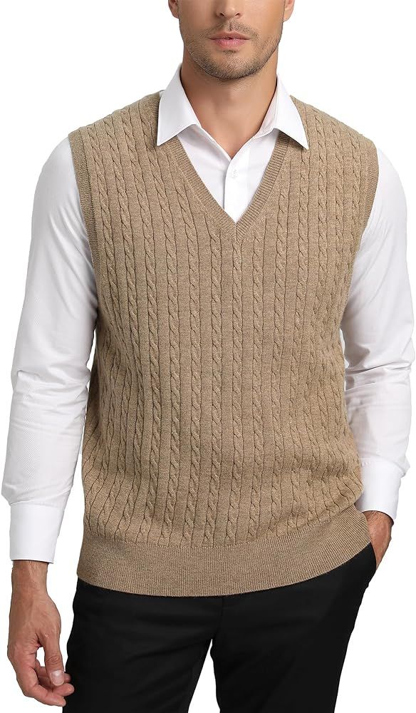Kallspin Men’s Wool Blended Cable Knit Vest Sweater V Neck Relaxed Fit Sleeveless Pullovers | Amazon (US)