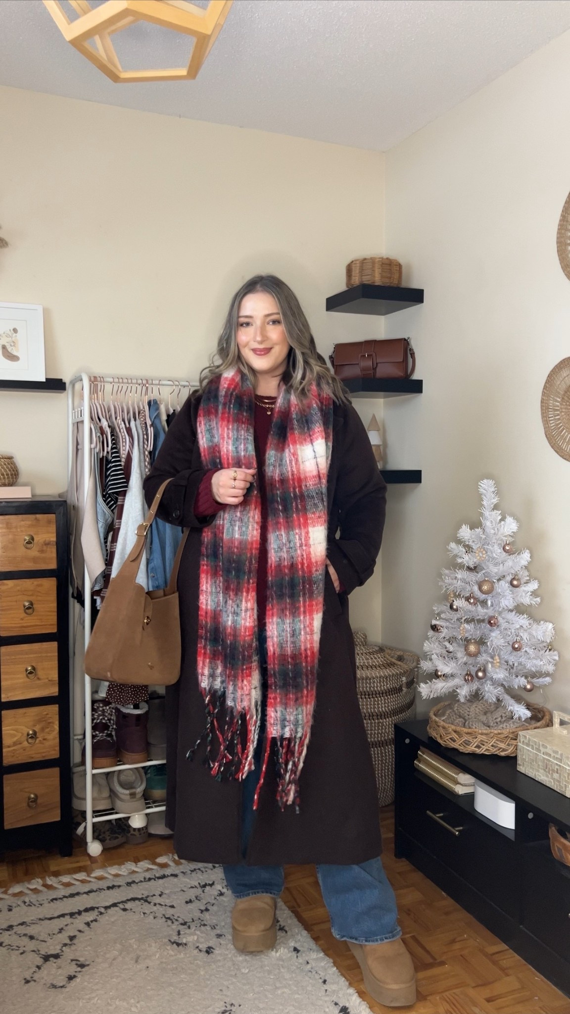 Festive winter outfit! Wearing L in the chocolate brown wool coat and burgundy sweater. Wearing 32 in my all time fave jeans. Ugg look for less boots are Amazon and such good quality. I’m usually a 9.5-10 and wear a 10. Linked similar festive scarves


#LTKmidsize #LTKholiday #LTKwinter