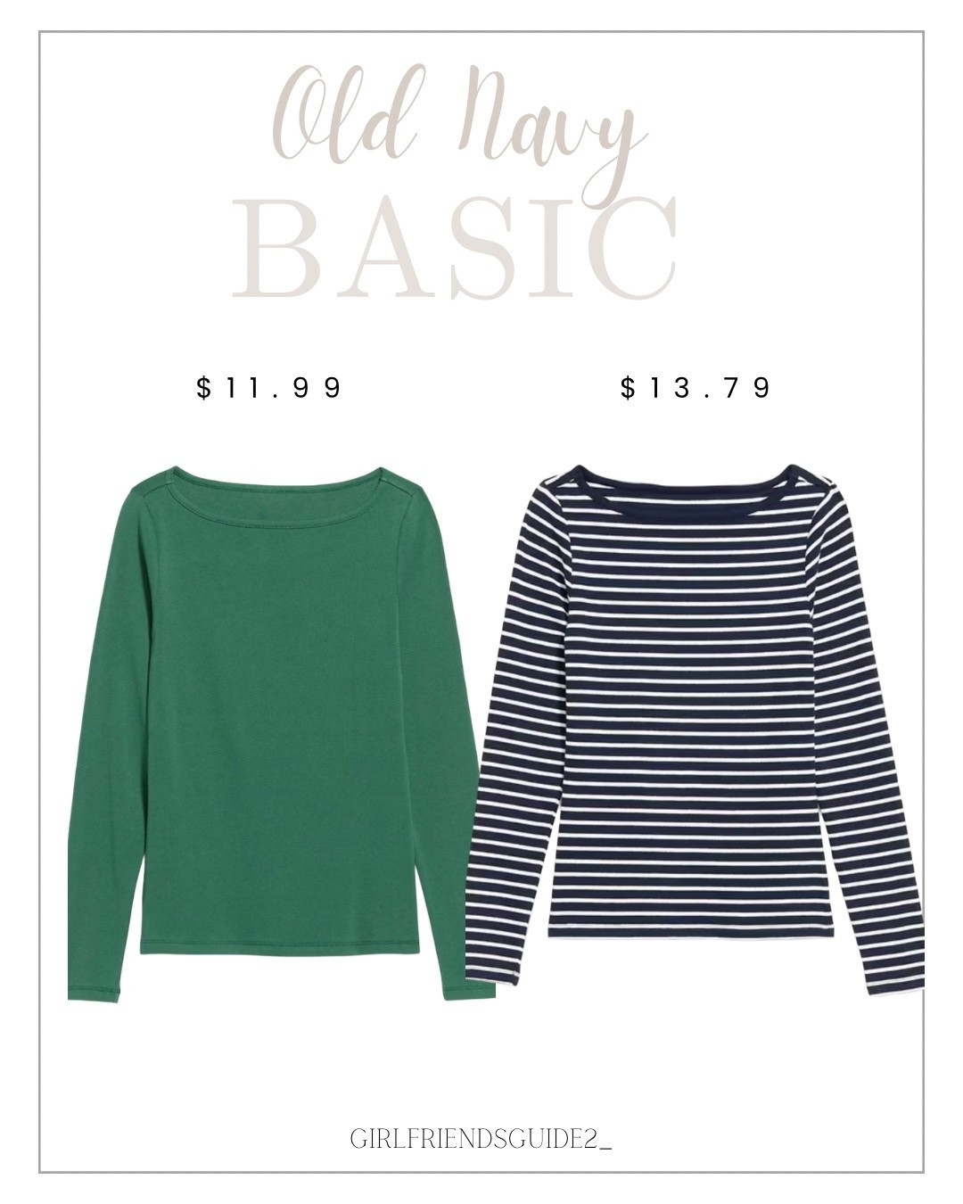 Old Navy basics long sleeve, boatneck sung shirt. Lots of colors to choose from. Soft and comfortable.

#longsleeve #