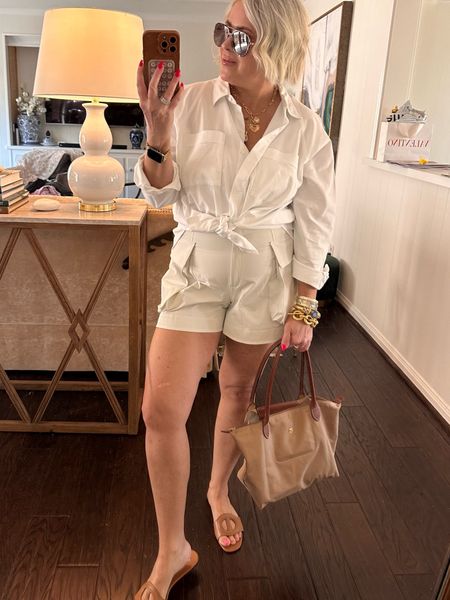 Lululemon shorts , I sized up to a 12 since I have a thick tummy. Shorts have stretch 
Target white button up, I sized up to an XL 
Steve Madden shoes, runs tts 

Casual outfits, whit button downs, designer sandals, longchamp bags, gold jewelry, 

#LTKSeasonal #LTKover40 #LTKmidsize