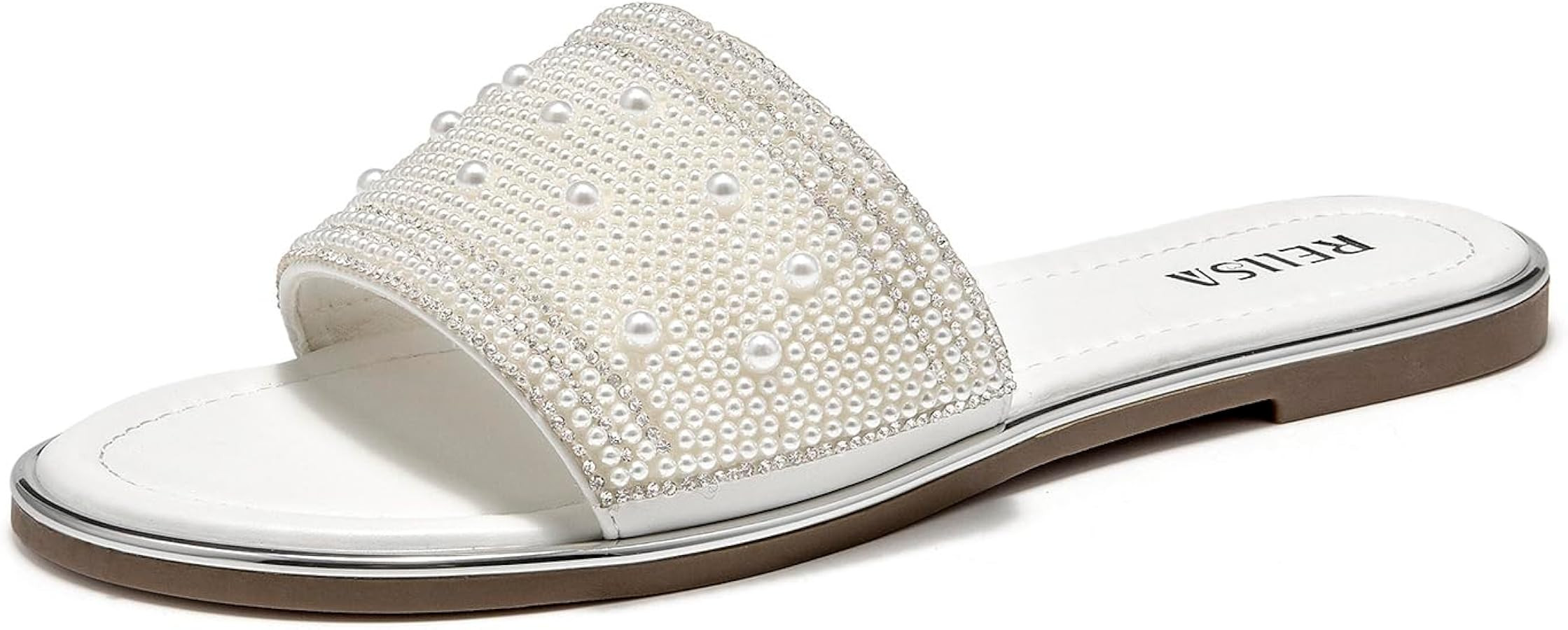 Women's Rhinestone Pearl Flat Sandals Slip On Round Open Toe Slides Sparkle Bling Slippers for Su... | Amazon (US)