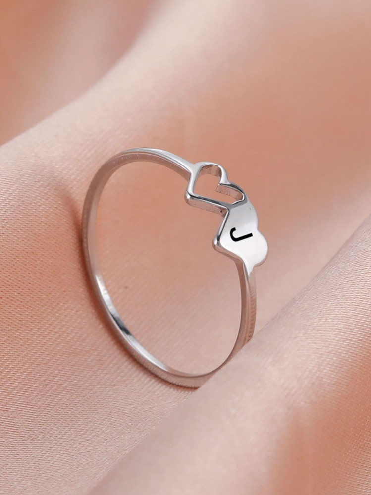 1pc Women's Stainless Steel Fashionable Double Heart & Letter Detail Ring, Couple's Gift For Girl... | SHEIN