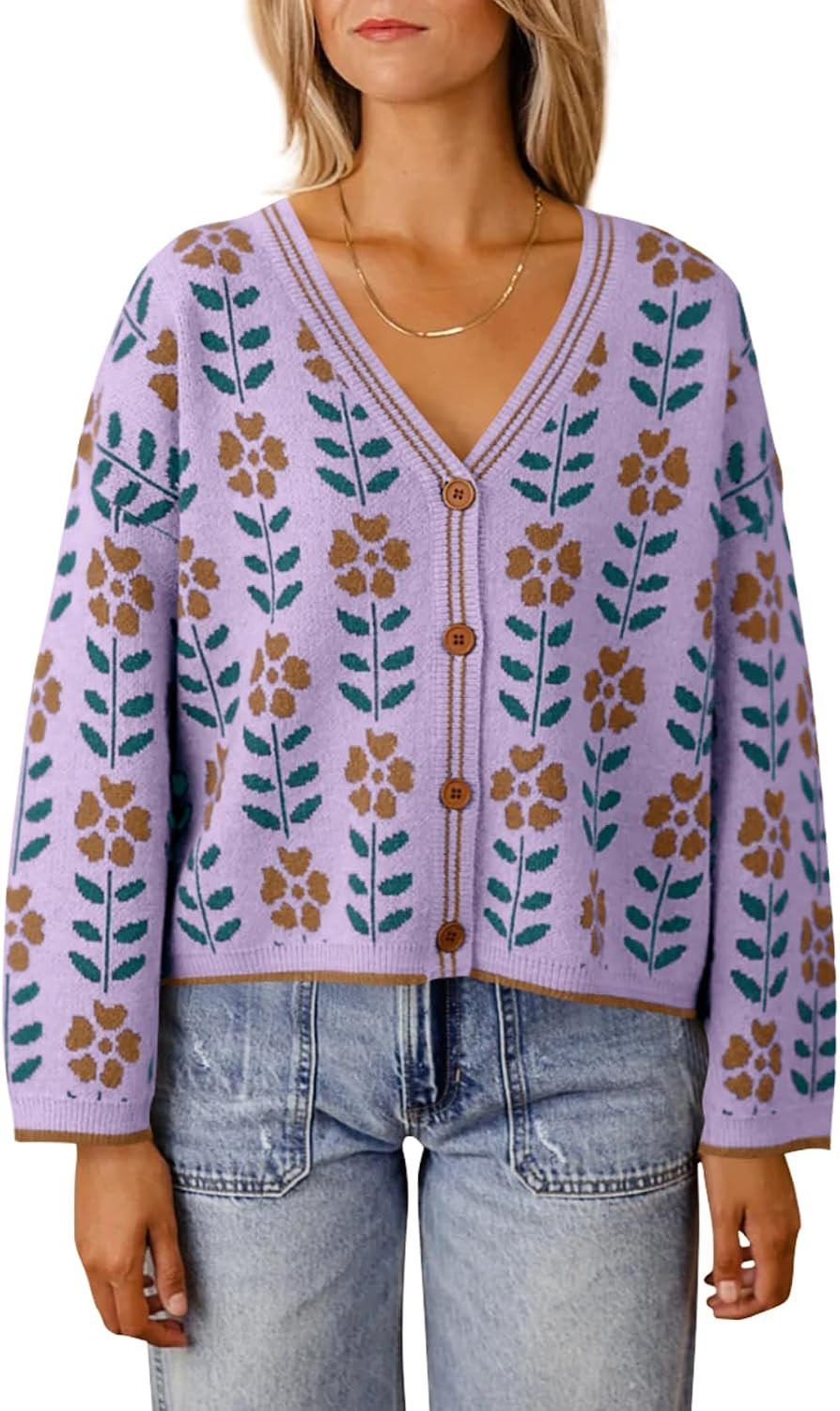 Saodimallsu Womens Floral Print V Neck Cardigan Open Front Button Down Knit Sweater Long Sleeve Loose Fashion Tops | Amazon (US)