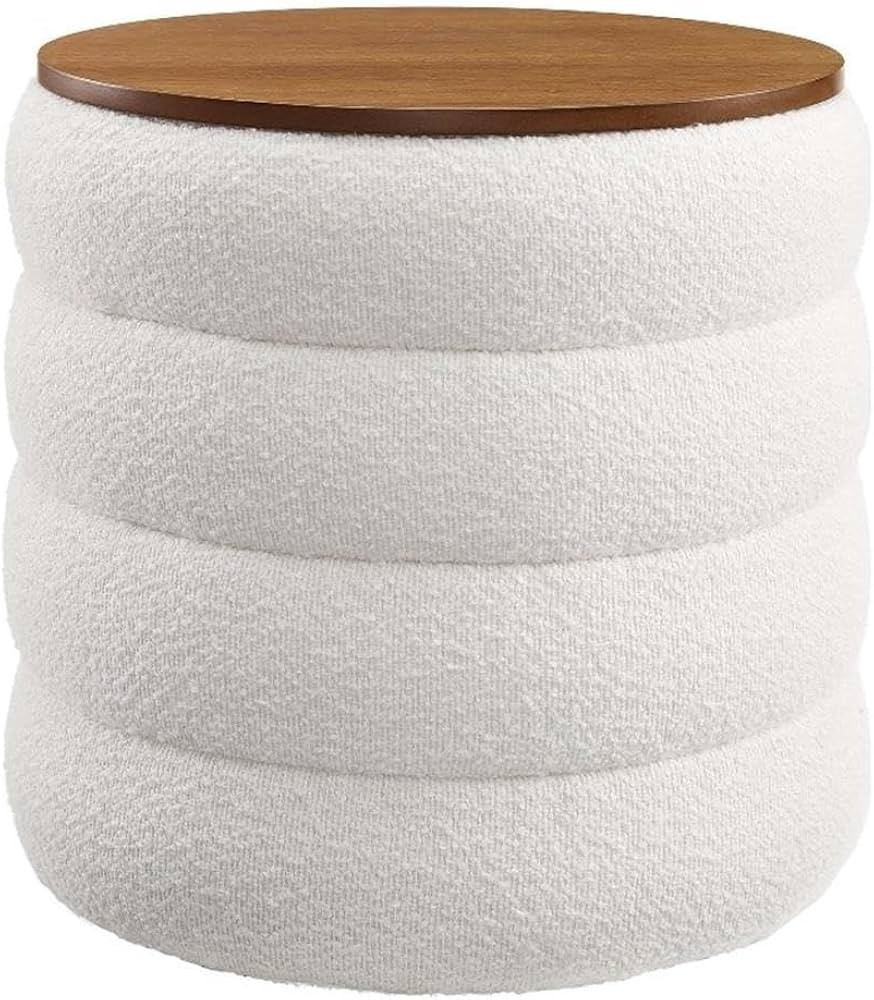 Modway Mezzo Round Boucle Fabric Storage Ottoman Stool in Cloud - Channel Tufted Ottoman - Uphols... | Amazon (US)
