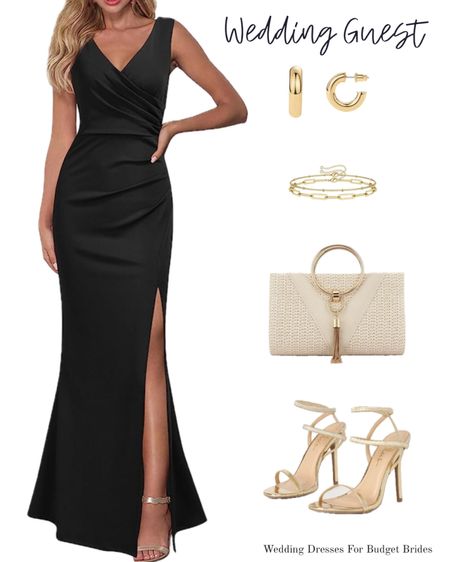 Chic long black wedding guest dress and accessories. 

#fulllengthgowns #blackdresses #dressyoutfit #fallweddingguestdresses #eventdresses 

#LTKWedding #LTKStyleTip #LTKParties