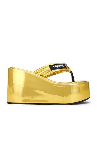 Coperni Metallic Branded Wedge Sandal in Metallic Gold | FWRD 