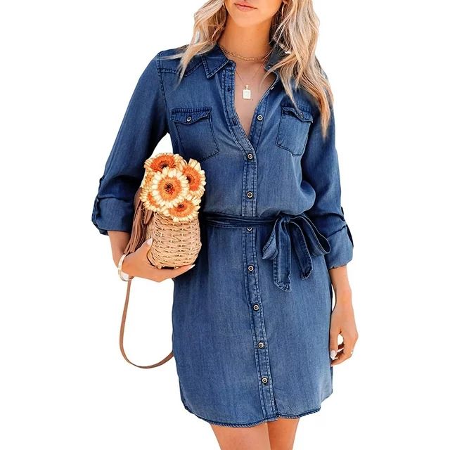 Canis Women's Denim Shirt Dress Casual Loose Midi Dress Long Sleeve Button Down Lapel Short Jean ... | Walmart (US)