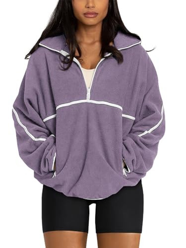 LASLULU Womens Half Quarter Zip Oversized Cozy Sweatshirt Purple Sherpa Fleece Pullover Jacket 2025 Trendy Spring Fashion Warm Sweater Tops (Purple, Large) | Amazon (US)
