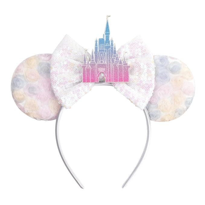 Castle Bow Headband with Floral Mouse Ears - Lightweight Sparkle Hair Accessory for Theme Park, P... | Amazon (US)