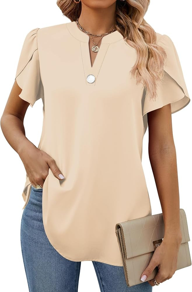 Funlingo Women's Summer Tops Short Sleeve Dressy Chiffon Blouses V Neck Work Tunic Tops Casual Lo... | Amazon (US)