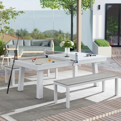 Oasis Outdoor/Indoor Slate Dining Pool Table w/ 2 Benches & Accessories | Wayfair North America