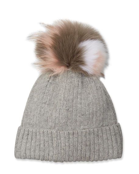 Knit Beanie Hat w/ Fox Fur Pompom | Neiman Marcus