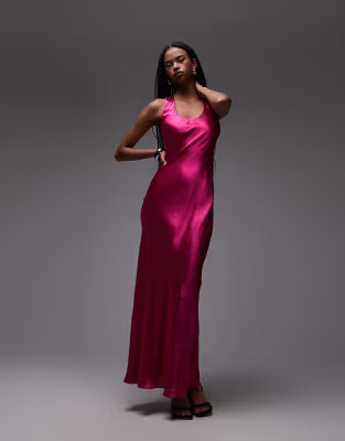Topshop racer neck satin bias cut maxi dress in pink | ASOS (Global)