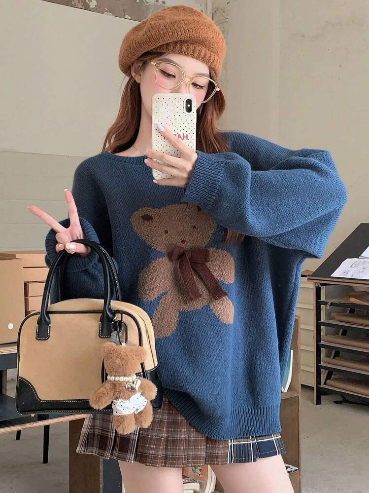 DAZY Women's Casual Crew Neck Cartoon Bear Pattern Sweater, Fall/Winter,Long Sleeve Tops | SHEIN