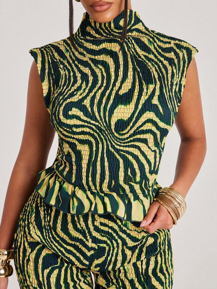 NYA SZN Top Tank Sleeveless Printed Statement Smocked Abstract Striped Zebra Tiger Green Unique B... | SHEIN