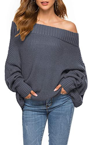 GOLDSTITCH Women's Off Shoulder Batwing Sleeve Loose Oversized Pullover Sweater Knit Jumper Gray | Amazon (US)