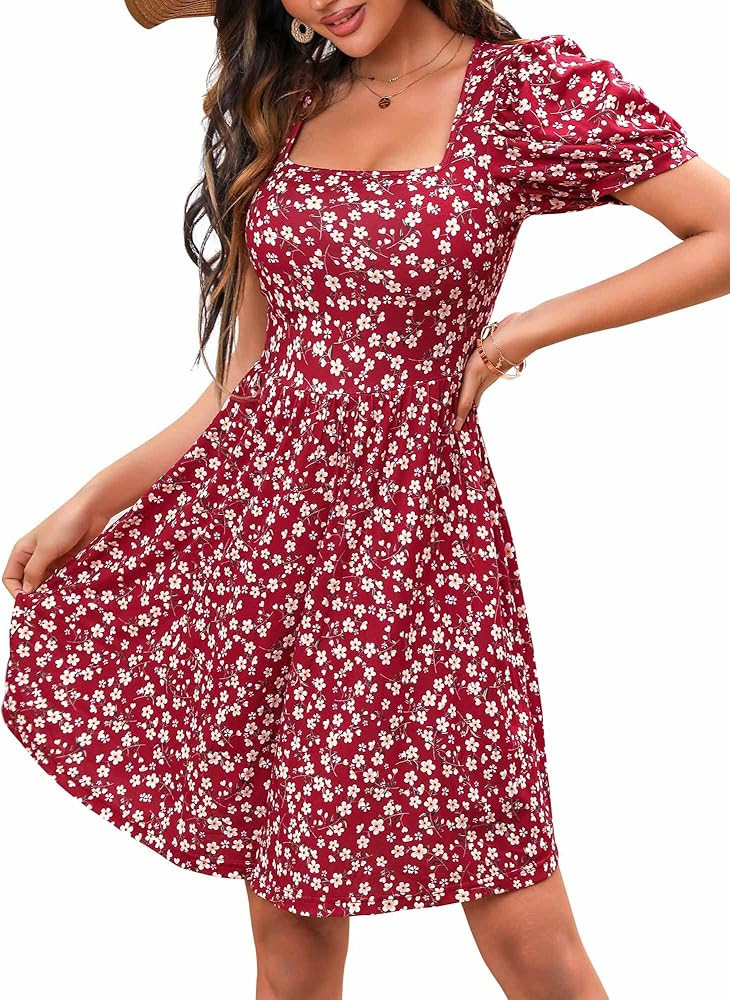 HUHOT Women's Summer Casual Dresses Short Sleeve Cute Floral Square Neck A-Line Belt Back Mini Dr... | Amazon (US)