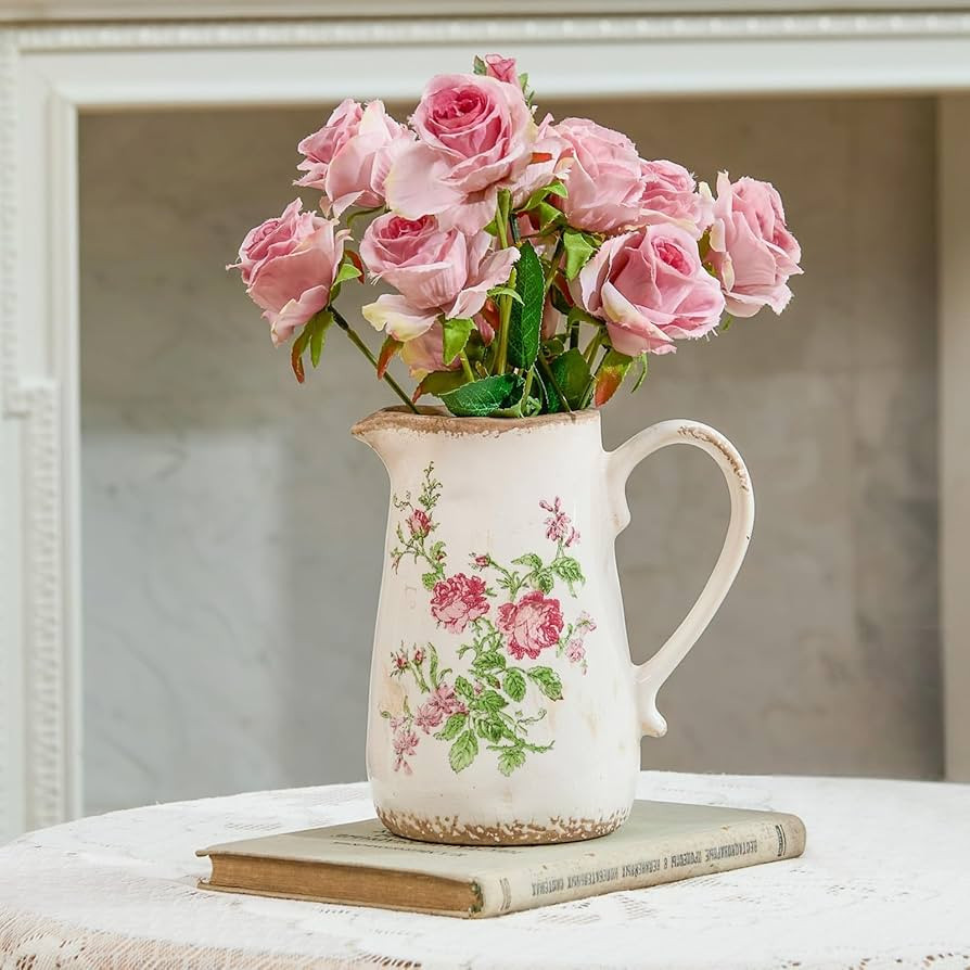 Vintage Rose Flora Ceramic Vase with Handle, Retro Ice Glazed Crack Farmhouse Pitcher Vase for Ho... | Amazon (US)