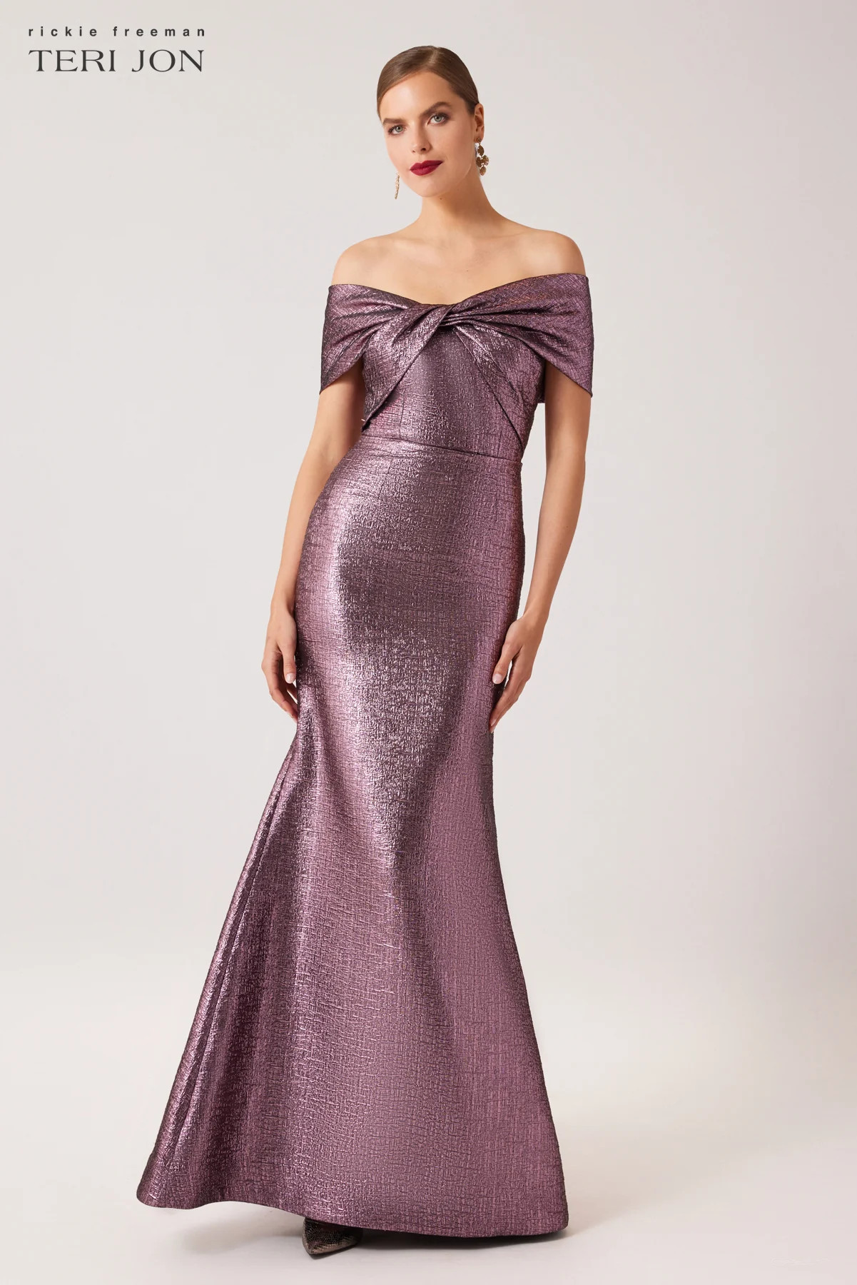 Metallic Jacquard Twist Bodice Off Shoulder Gown | TERIJON