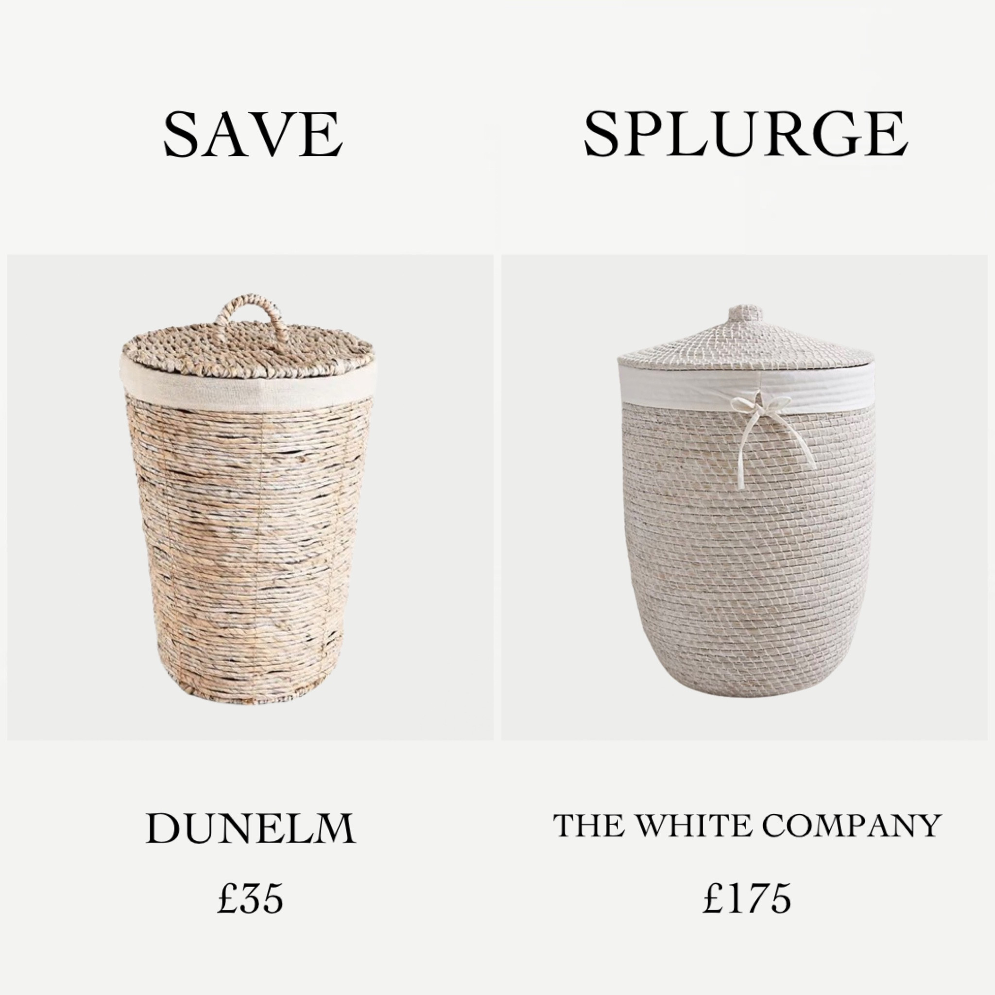 The White Washed Laundry Basket 

Add a touch of natural elegance to your bathrooms with these white washed laundry baskets 🤍

Although a fab alternative, the shape and material of the Dunelm version is slightly different compared to The White Company. Both are a great size for laundry, with removable liners, and handcrafted from natural materials (Dunelm from rush, TWC from seagrass)

The White Company version is a little bit more sleek in shape in my opinion, and hand-woven in Vietnam which is reflected in the price 🤍

Get the look for less with this basket from Dunelm, or invest in this quality version from The White Company if you’re able to splurge ✨

#LTKMostLoved #LTKsalealert #LTKhome