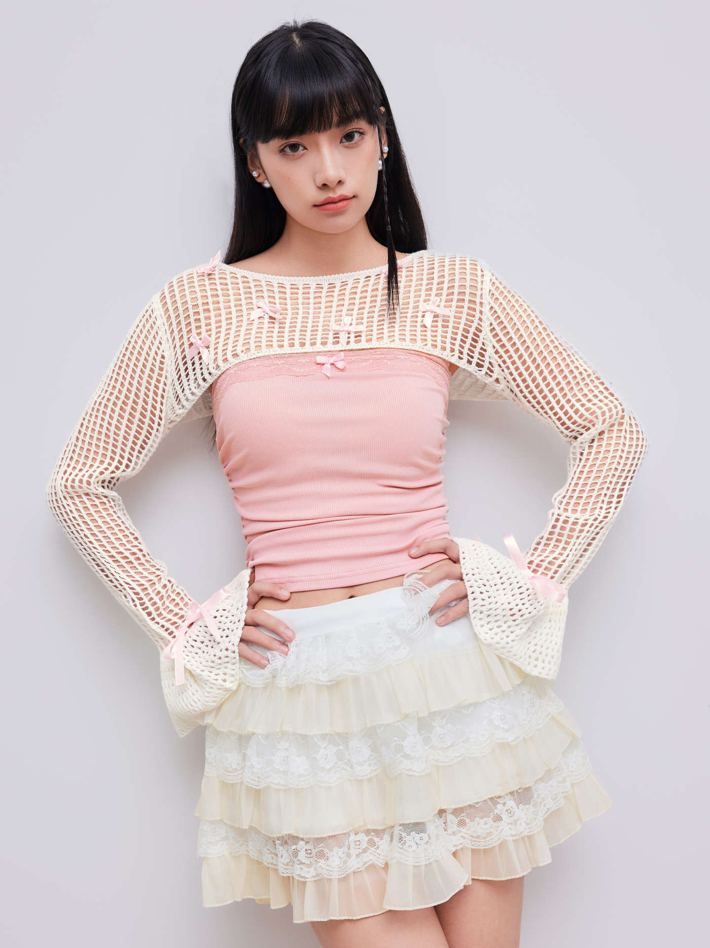 Knitted Boat Neck Bowknot Crop Long Sleeve Shrug | Cider