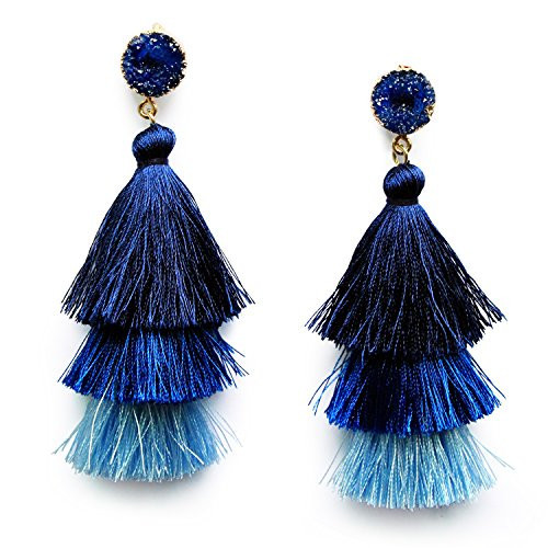 Blue Ombre 3 Layer Tiered Thread Tassel Earrings Blue Tassel Dangle Drop Earrings for Women Sapphire Studs Birthday Party Valentines Gift | Amazon (US)