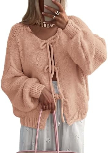 ATHMILE Women's Tie Front Bow Cardigan Sweaters Chunky Knit Long Puff Sleeve Trendy Fall Winter J... | Amazon (US)