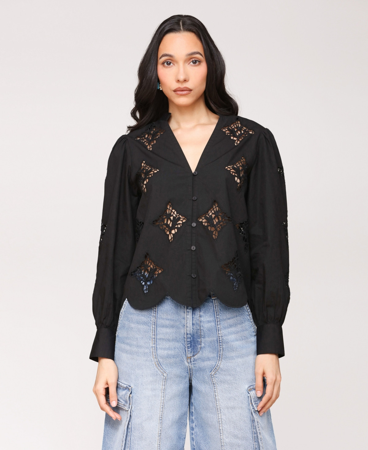Avec Les Filles Women's Puff Sleeve Cropped Lace Scallop Button Up Blouse - Black | Macy's