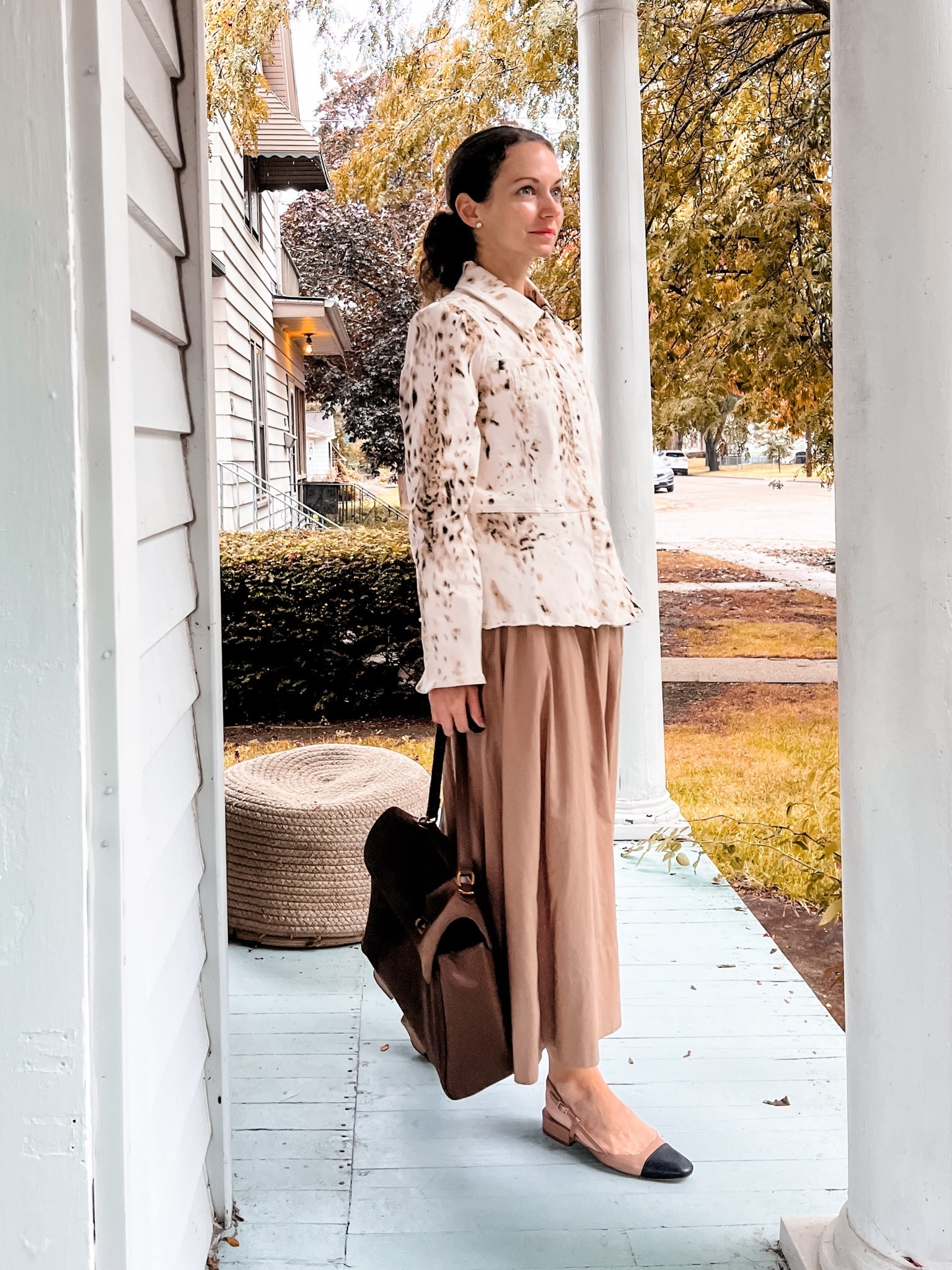 A neutral outfit for fall!
Denim cow print jacket from a local boutique, linking similar. 
Tan cotton skirt from Amazon. 
Diamond studs from Amazon. 
Brown handbag from Chicwish. 
Cap toe sling backs from Steve Madden. 
Chuck outfit. Fall outfit. Neutral outfit. Modest outfit. Classic outfit

#LTKgrwm #LTKootd #LTKmomlife